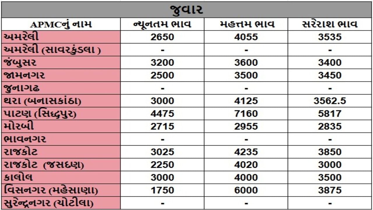 જુવારના તા.24-07-2025ના રોજ APMCના ભાવ રૂ.1750 થી 6000 રહ્યા.
