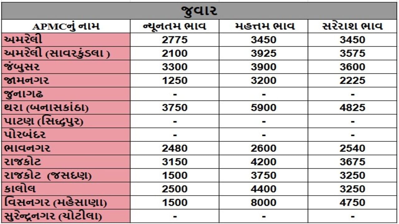 જુવારના તા.03-07-2025ના રોજ APMCના ભાવ રૂ.1250 થી 8000 રહ્યા.