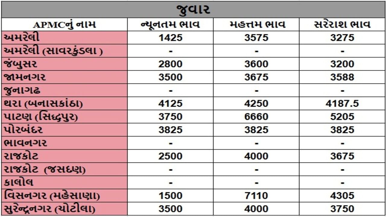 જુવારના તા.04-07-2025ના રોજ APMCના ભાવ રૂ.1425 થી 7110 રહ્યા.