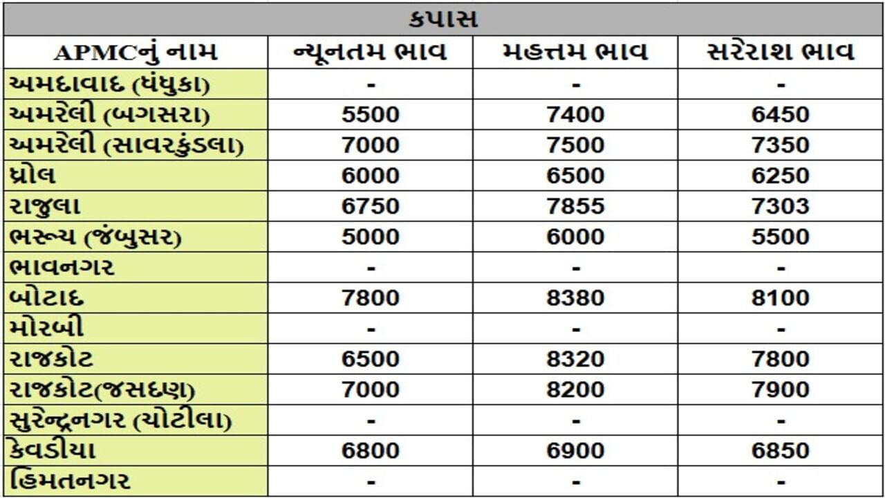 કપાસના તા.01-07-2025ના રોજ APMCના ભાવ રૂ.5500 થી 8380 રહ્યા.