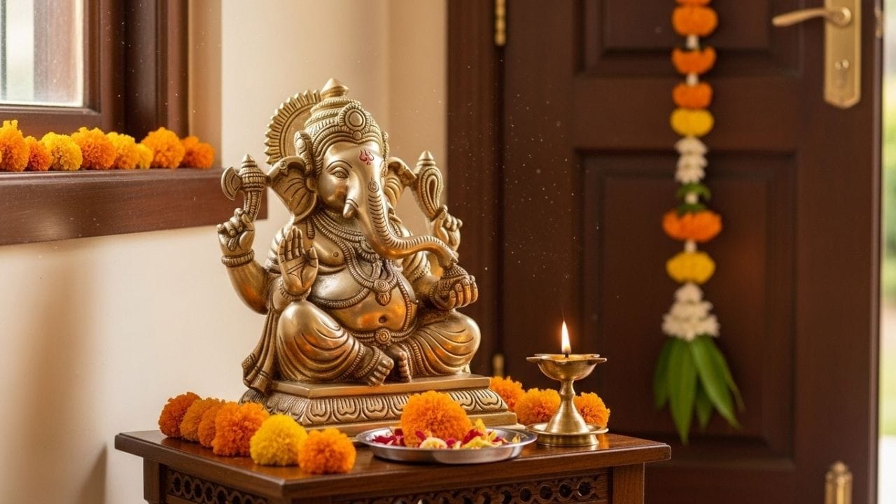 એવું માનવામાં આવે છે કે ઘરના મંદિરમાં અથવા મુખ્ય દરવાજા પાસે ગણેશજીની મૂર્તિ રાખવાથી ઘરમાં સુખ-શાંતિ આવે છે અને સમૃદ્ધિ અને સંપત્તિમાં પણ વધારો થાય છે.