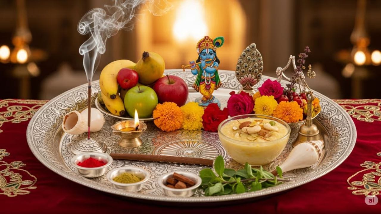 તેમના પર ચંદનનો લેપ લગાવો. ગલગોટા, ગુલાબ, ચમેલી અને ચમેલીના માળા અર્પણ કરો. શ્રી કૃષ્ણના માથા પર મોરના પીંછાથી મુગટ અથવા પાઘડી સજાવો, તેમના હાથમાં વાંસળી આપો. 