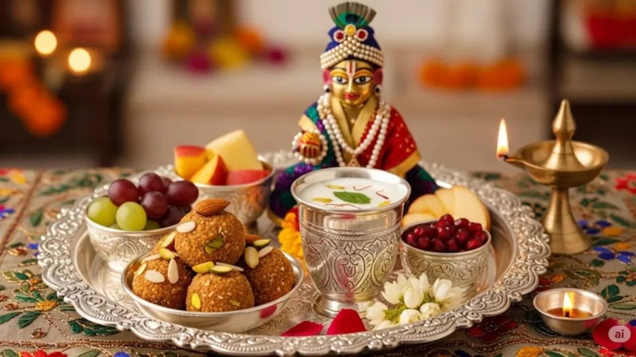 શ્રી કૃષ્ણના પ્રસાદમાં પંચામૃતમાં તુલસીના પાન ઉમેરવાનું ભૂલશો નહીં. માખણ, ખાંડની મીઠાઈ અને સૂકા ફળો અર્પણ કરો. ખાંડની મીઠાઈને દોરાથી પીસીને તેનો ઉપયોગ કરવો શ્રેષ્ઠ છે. શણગાર અને અર્પણ પછી, ભગવાનને  ઝૂલા પર મૂકો અને પૂજા પૂર્ણ કરો.