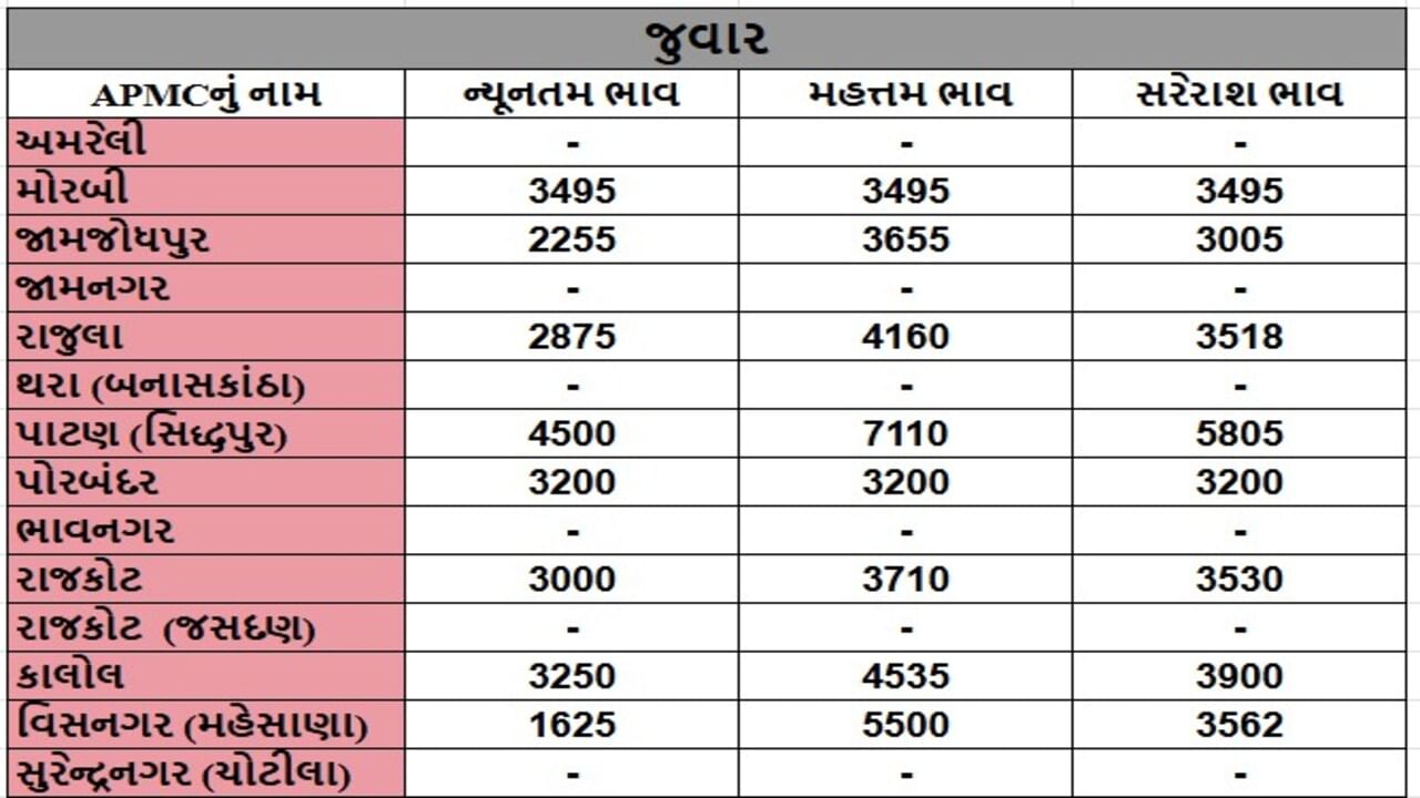 જુવારના તા.01-08-2025ના રોજ APMCના ભાવ રૂ.1625 થી 7110 રહ્યા.