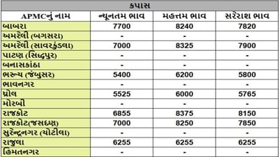 કપાસના તા.05-08-2025ના રોજ APMCના ભાવ રૂ.5400 થી 8375 રહ્યા.