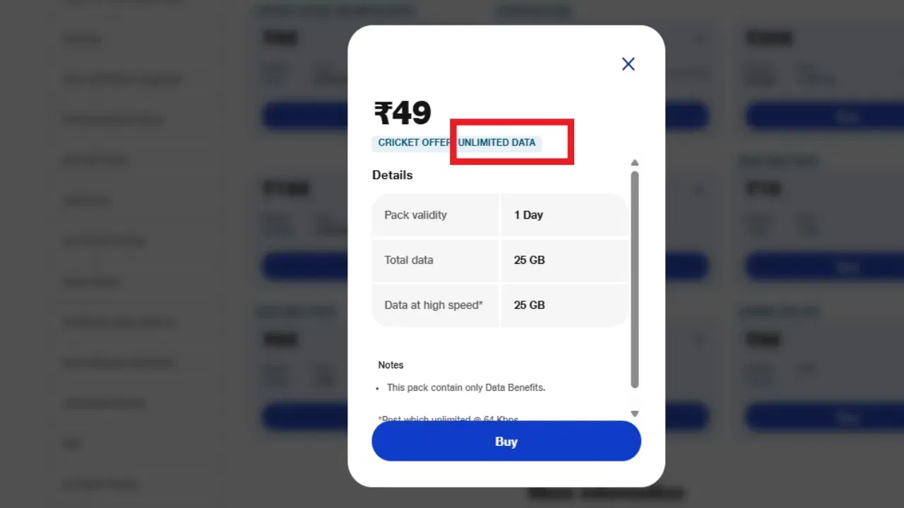રુ 49નું ડેટા પેક: 51 રૂપિયાના પ્લાન ઉપરાંત, જિયો પાસે 49 રૂપિયાનો પ્લાન પણ છે જે 1 દિવસ માટે અમર્યાદિત ડેટા ઓફર કરે છે. નોંધ લો કે આ પ્લાન 25 GB ની FUP મર્યાદા સાથે આવે છે. (ફોટો- જિયો)