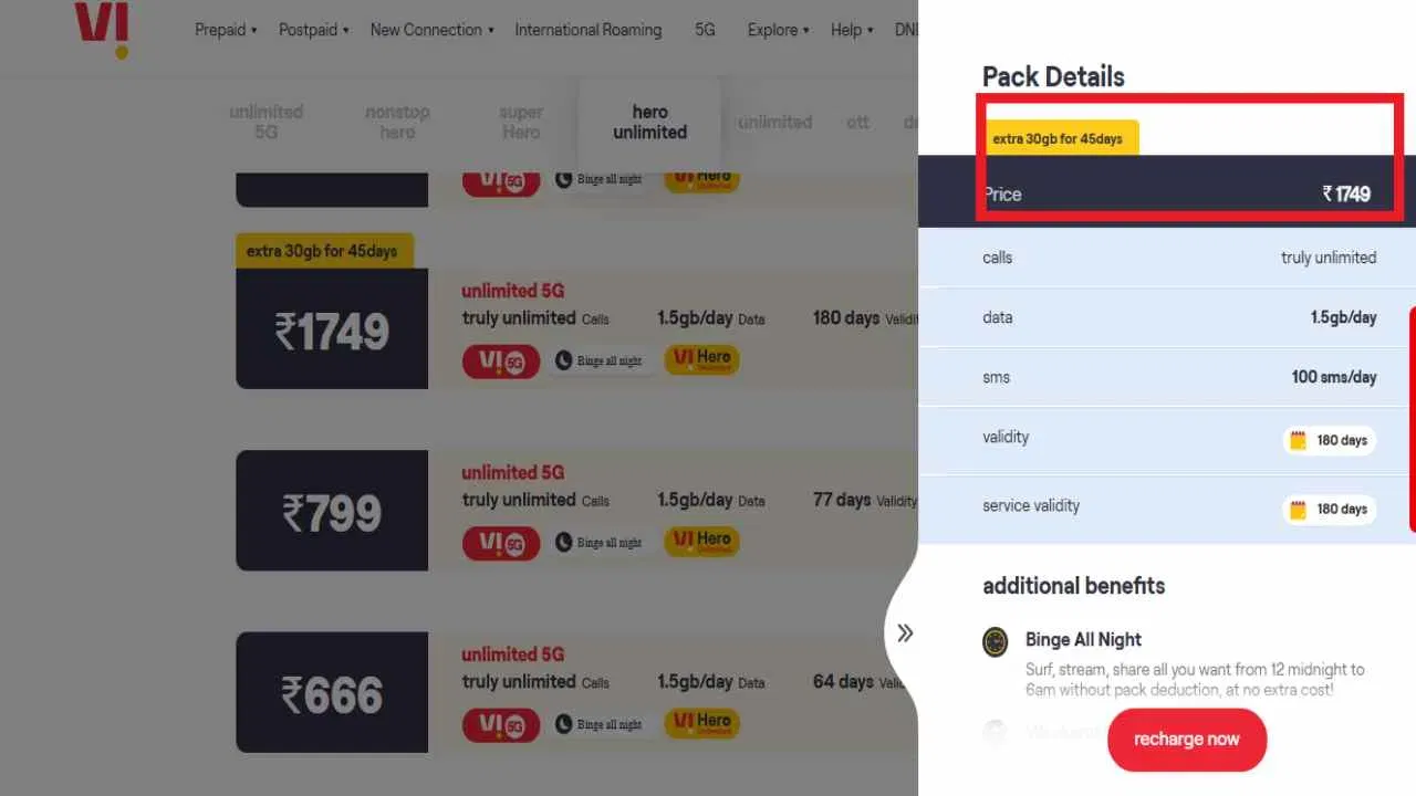 રૂ. 1749નો પ્લાન: રૂ. 1749 ના પ્લાન સાથે, તમને દરરોજ 1.5 GB હાઇ સ્પીડ ડેટા, દરરોજ 100 SMS અને અમર્યાદિત વોઇસ કોલિંગનો લાભ મળે છે. આ પ્લાન 180 દિવસની વેલિડિટી સાથે ઉપલબ્ધ થશે, આ પ્લાન સાથે કંપની 45 દિવસ માટે 30GB વધારાનો ડેટાનો લાભ આપશે. વધારાના ફાયદાઓની વાત કરીએ તો, આ પ્લાનમાં દરરોજ મધ્યરાત્રિ 12 થી સવારે 6 વાગ્યા સુધી વીકેન્ડ ડેટા રોલઓવર, ડેટા ડિલાઈટ અને અનલિમિટેડ નાઈટ ડેટાનો લાભ મળે છે.