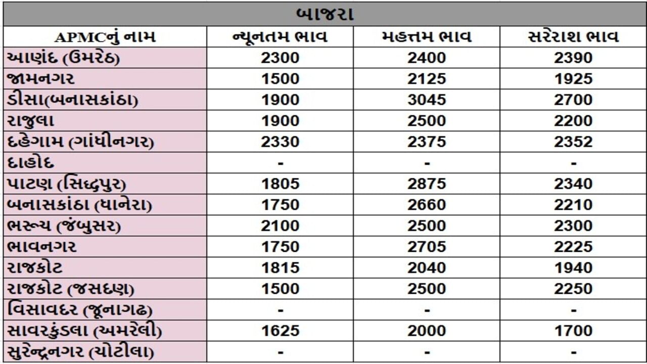 બાજરાના તા.23-09-2025ના રોજ APMCના ભાવ રૂ.1500 થી 3045 રહ્યા.