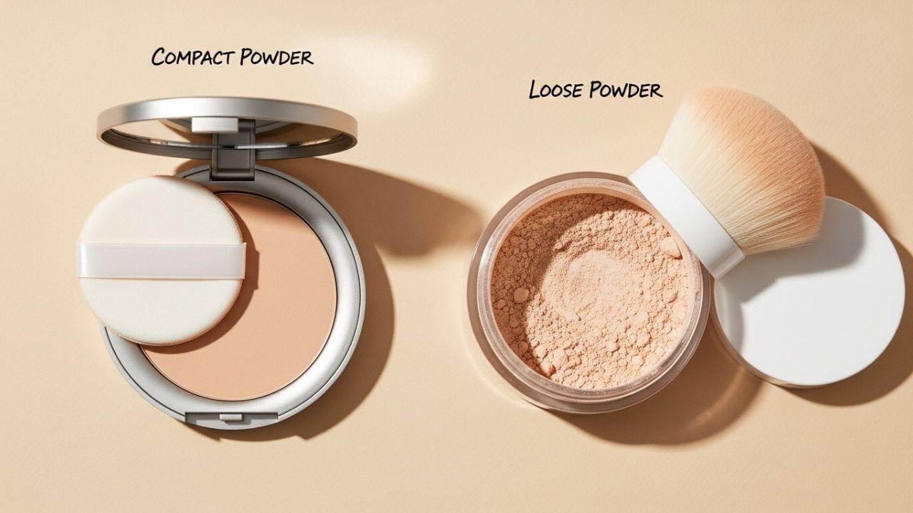 કોમ્પેક્ટ પાવડર: કોમ્પેક્ટ પાવડર દબાયેલા સ્વરૂપમાં આવે છે એટલે કે તેને ઘન સ્થિતિમાં દબાવવામાં આવે છે. તે મિરર અને એપ્લીકેટર પફ અથવા સ્પોન્જ સાથે પણ આવે છે, જે તેને લગાવવાનું સરળ બનાવે છે. તે સારું કવરેજ પૂરું પાડે છે, જેનાથી ત્વચા એકસરખી દેખાય છે. તે દિવસભર તાજગીભર્યા મેકઅપ માટે યોગ્ય છે. તેથી તેનો ઉપયોગ ઘણીવાર ટચ-અપ્સ માટે થાય છે.
