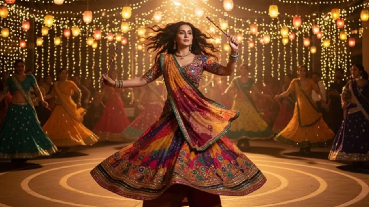 સ્ટેપ 3:તમે અહીં આપેલા પ્રોમ્પ્ટને આ રીતે ઈગ્લિંશમાં જ એડ કરો:Create a 4K HD Garba dance scene… mid-twirl in a flowing ghaghra choli, Create a vintage Navratri poster, vibrant embroidered ghaghra retro textured background, Durga Puja saree look… red-white saree with gold jewellery, temple pandal backdrop.