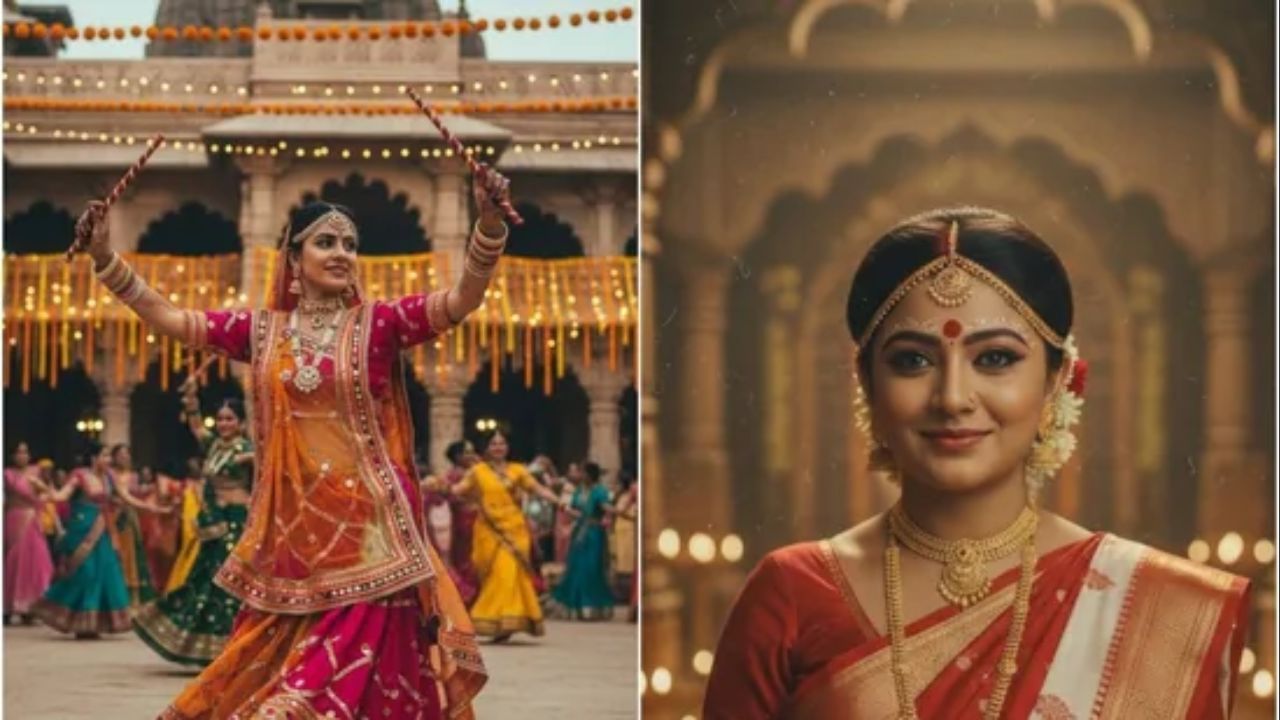 સ્ટેપ 4: પ્રોમ્પ્ટમાં વિગતો શામેલ કરો: કપડાંનો રંગ, પેટર્ન, મિરર વર્ક, અથવા ભરતકામ શૈલી. બેકગ્રાઉન્ડ: પંડાલ, દીવા, ગરબા રાત્રી સજાવટ, મંદિર વગેરે. લાઇટિંગ અને ફિલ્ટર સેટિંગ્સ: golden-hour, retro film grain, softness, cinematiC વગેરે.