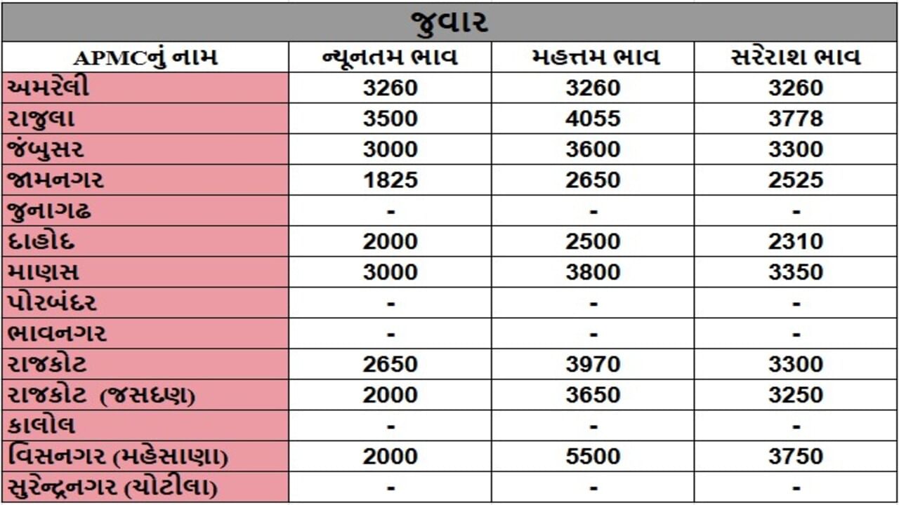 જુવારના તા.18-09-2025ના રોજ APMCના ભાવ રૂ.1825 થી 5500 રહ્યા.
