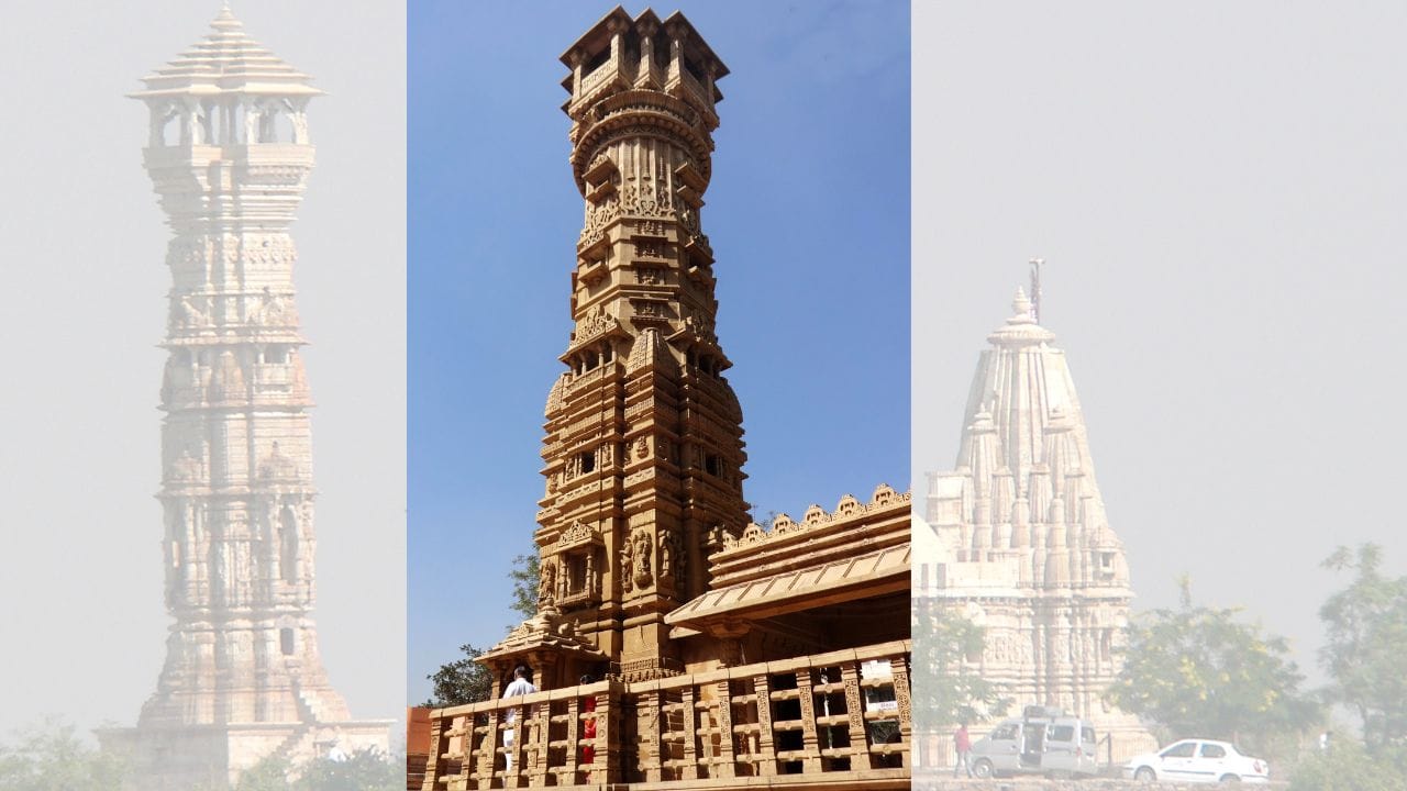 ઈ.સ. 1179 થી 1191 દરમિયાન, ચિત્તૌરગઢના શાસક રાવલ કુમારસિંહના આશ્રયમાં વેપારી જીજા ભાગેરવાલા દ્વારા લગભગ 22 મીટર ઊંચો કીર્તિ સ્તંભ નિર્મિત થયો હતો. ત્યારબાદ આ સ્મારક 17મી સદી સુધી જૈન ભટ્ટારકનું મહત્વનું કેન્દ્ર રહ્યું. (Credits: - Wikipedia)