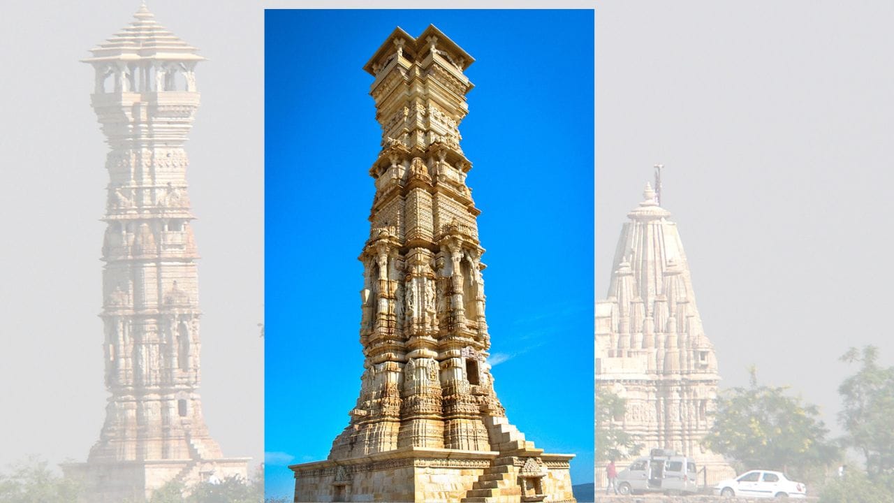 સાત માળનું આ ભવ્ય મિનાર સોલંકી શૈલીમાં નિર્માણ થયેલું છે અને સાત-મધુરી મંદિર પાસે 7x7 મીટરના પ્લીન્થ પર ઊભું છે. તેના શિલ્પોમાં આરંભે ઋષભનાથની પ્રતિમાઓ અંકિત હતી. શિલાલેખો દર્શાવે છે કે આ સ્મારક બઘેરવાલ સમુદાય સાથે સંકળાયેલ છે અને તેનો નિર્માણકાર્ય 13મી સદીની શરૂઆતમાં પૂર્ણ થયું હતું. આથી, તે વિજય સ્તંભ કરતાં જૂનું મનાય છે. (Credits: - Wikipedia)