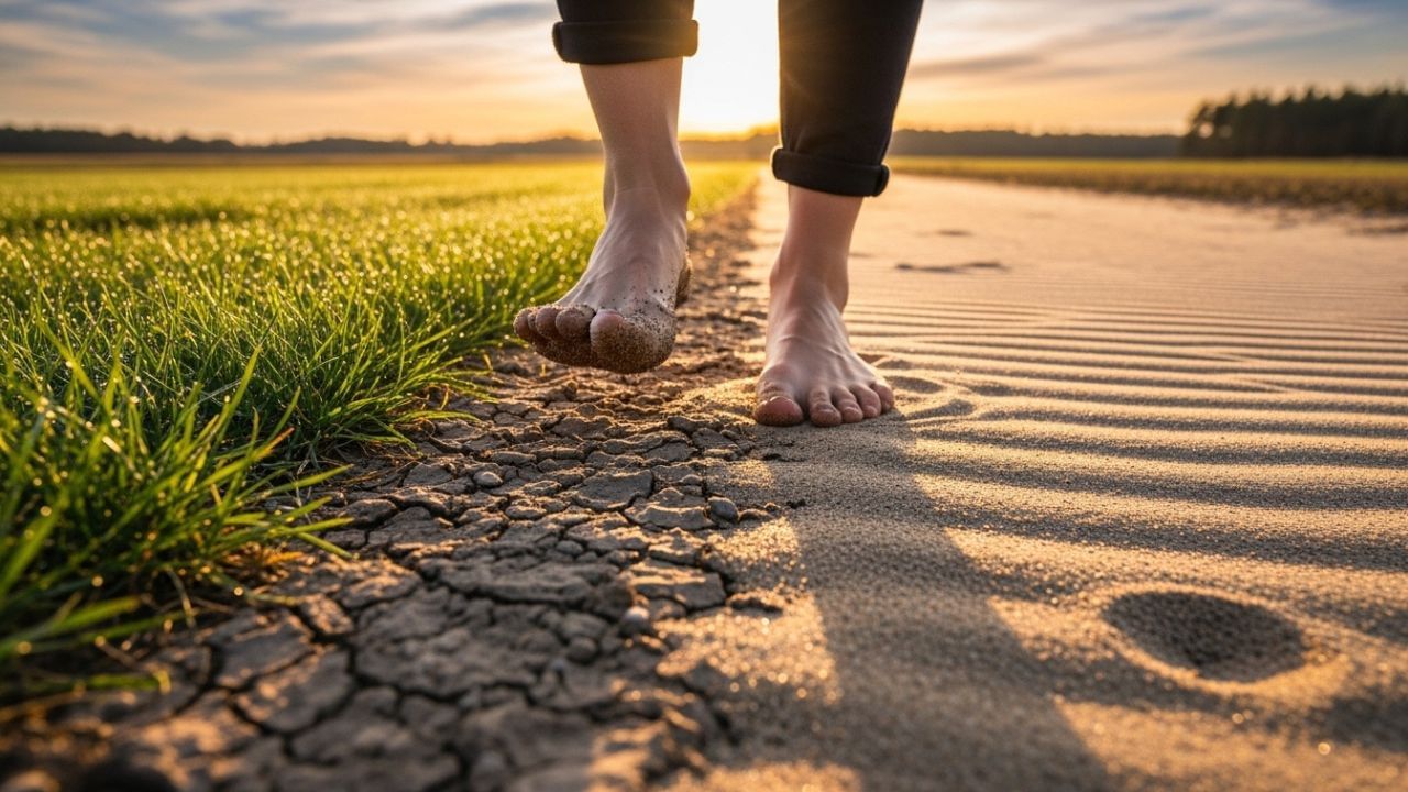 घास या रेत पर नंगे पैर चलने से पैरों के तलवों पर स्थित एक्यूप्रेशर बिंदुओं पर प्राकृतिक दबाव पड़ता है। यह दबाव शरीर के विभिन्न अंगों से जुड़े तंत्रिका बिंदुओं को सक्रिय करता है, जिससे पाचन तंत्र बेहतर ढंग से काम करता है, गुर्दे, यकृत और अन्य अंगों की कार्यप्रणाली में सुधार होता है। और पूरे शरीर का आंतरिक संतुलन बना रहता है। (साभार: एआई जेनरेटेड)