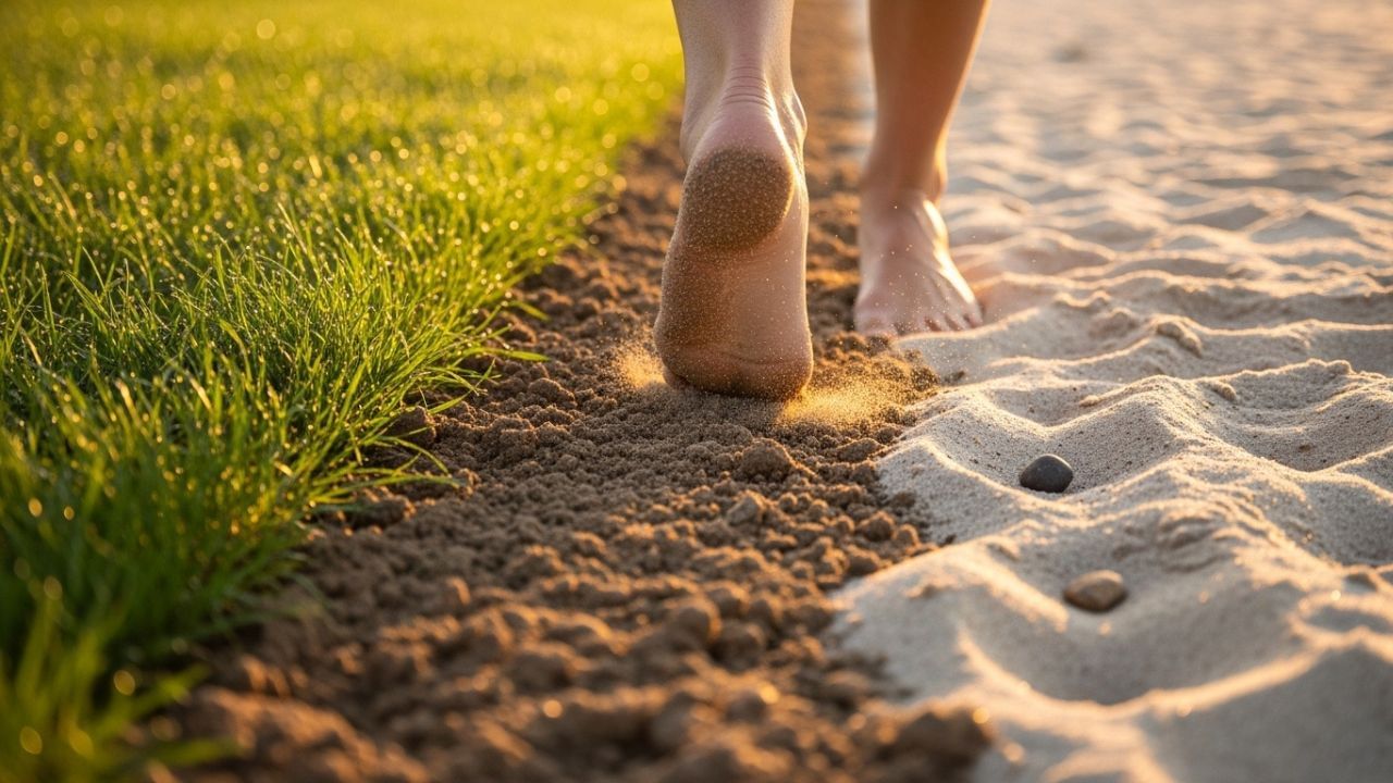 गीली घास या मिट्टी पर नंगे पैर चलना शरीर के लिए एक प्राकृतिक चिकित्सा है। इस प्रक्रिया के दौरान, शरीर में संचित स्थैतिक विद्युत ज़मीन के माध्यम से मुक्त होती है, जिसे आयुर्वेद और आधुनिक विज्ञान, दोनों ही ऊर्जा संतुलन के लिए लाभकारी मानते हैं। जैसे-जैसे शरीर से अतिरिक्त विद्युत ऊर्जा मुक्त होती है, मन शांत और स्थिर होता है, तनाव कम होता है और नींद की गुणवत्ता में सुधार होता है। साथ ही, नंगे पैर चलने से तल पर स्थित तंत्रिका बिंदु सक्रिय होते हैं, जिससे रक्त प्रवाह बढ़ता है और शरीर तरोताज़ा महसूस करता है। इसी कारण, विशेषज्ञ दैनिक जीवन में कम से कम 10-15 मिनट नंगे पैर चलने की सलाह देते हैं। (साभार: एआई जनरेटेड)