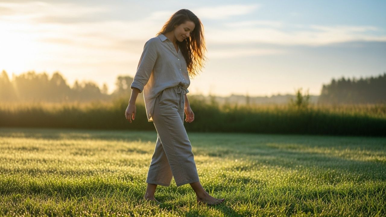 नंगे पैर चलना एड़ी के दर्द, सूजन या थकान का एक प्राकृतिक उपचार है। घास, मिट्टी या रेत पर नंगे पैर चलने से पैरों के तलवों में तंत्रिका बिंदुओं पर दबाव पड़ता है, जिससे रक्त प्रवाह बेहतर होता है और सूजन धीरे-धीरे कम हो सकती है। यह प्रक्रिया पैरों की हड्डियों और मांसपेशियों को मज़बूत बनाती है और एड़ी के दर्द से राहत दिलाती है। नियमित रूप से थोड़े समय के लिए नंगे पैर चलने से पैरों की थकान दूर हो सकती है। (साभार: एआई जेनरेटेड)