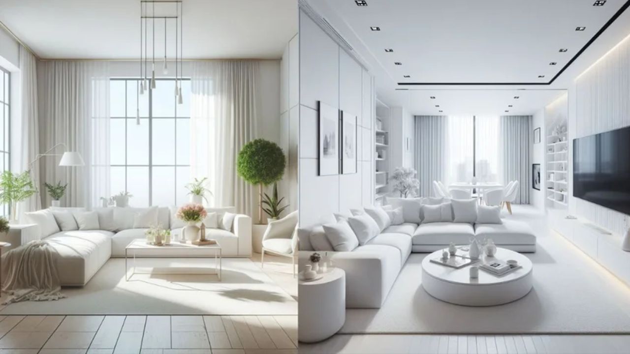 ઓલ-વ્હાઇટ લુક: જો તમે તમારા લિવિંગ રૂમને ઓલ-વ્હાઇટ લુક આપવા માંગતા હો, તો દિવાલ અને સોફા ડિઝાઇન માટે આ ફોટામાંથી પ્રેરણા લો. તે અતિ વૈભવી પણ દેખાશે.