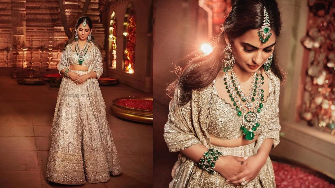 આ ફોટામાં, ઈશા ભારે ભરતકામવાળા આઉટફિટમાં જોવા મળે છે. તેણે હેવી સિલ્વર એક્સેસરીઝ અને હાફ ક્લચ પહેર્યો હતો. તેનો લુક એકદમ શાહી અને ક્લાસી લાગે છે.