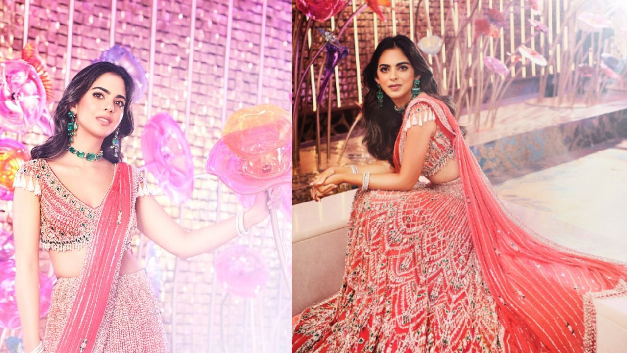 આ ફોટામાં, ઈશા લાલ અને સિલ્વર કોમ્બિનેશન લહેંગામાં જોવા મળે છે. તેણે કોન્ટ્રાસ્ટિંગ ગ્રીન જ્વેલરી પહેરી હતી, જેનાથી તેનો લુક અનોખો બન્યો હતો.