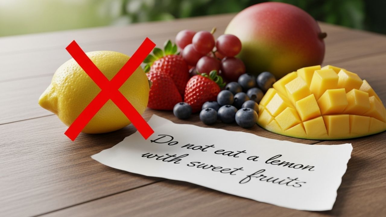 મીઠા ફળો સાથે લીંબુ ન ખાઓ - લીંબુમાં રહેલું એસિડિક તત્વ અને મીઠા ફળોમાં રહેલી મીઠાશ વધુ માત્રમાં જોવા મળે છે. આ પ્રક્રિયાને કારણે ગેસ, અપચો અને પેટનું ફૂલવું જેવી પાચન સંબંધિત સમસ્યાઓ થઈ શકે છે. આથી, પાચનને લગતી મુશ્કેલીઓથી બચવા માટે આ બંનેને એકસાથે ખાવાનું ટાળવું હિતાવહ છે.