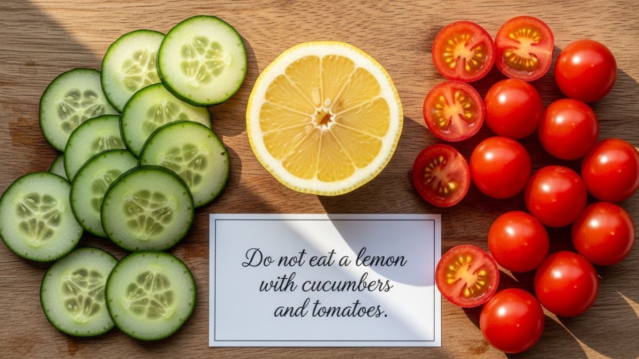 કાકડી અને ટામેટાં સાથે લીંબુ ન ખાઓ - કાકડી, ટામેટાં અને લીંબુ એકસાથે ખાવાનું ટાળવું જોઈએ. આ ત્રણેયની પ્રકૃતિ ઠંડી હોય છે, અને ટામેટાંમાં પહેલેથી જ એસિડિક ગુણધર્મો ધરાવે છે. જ્યારે આ બધાને લીંબુના રસ સાથે ભેળવવામાં આવે છે, ત્યારે તે પેટમાં એસિડિટીનું પ્રમાણ વધારી શકે છે, જેનાથી પેટમાં બળતરા અથવા હાર્ટબર્ન (છાતીમાં બળતરા) જેવી સમસ્યાઓ થઈ શકે છે. આથી, પાચનતંત્રને સ્વસ્થ રાખવા માટે આ વસ્તુઓનું એકસાથે સેવન કરવાનું ટાળવું યોગ્ય છે.