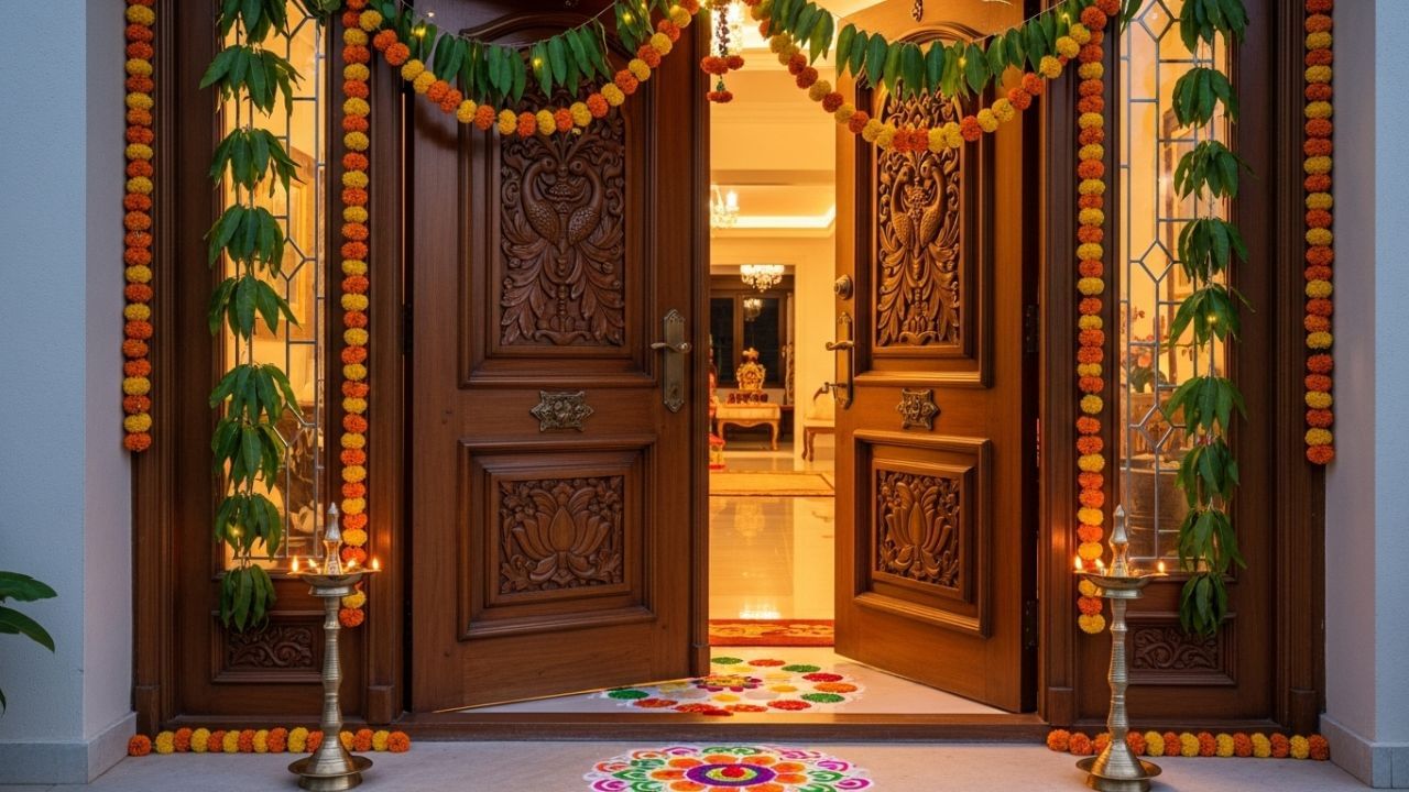 મુખ્ય દરવાજાને સજાવો અને શુભ પ્રતીકો બનાવો - વાસ્તુ અનુસાર ઘરનો મુખ્ય દરવાજો સૌથી વધુ ઉર્જા ધરાવતો સ્થળ છે. નવરાત્રિ દરમિયાન, તેને કેરીના પાન અને ગલગોટાના ફૂલોથી બનેલા તોરણથી શણગારવો જોઈએ. દરવાજા પર સ્વસ્તિક, ઓમ અથવા શ્રી યંત્રનું ચિહ્ન બનાવવું ખૂબ જ શુભ માનવામાં આવે છે. આનાથી ઘરમાં સુખ, સમૃદ્ધિ અને સૌભાગ્ય આવે છે. પ્રવેશદ્વારને દીવા અને રોશનીથી સજાવો, જેથી દેવી માતાનું પૂર્ણ ભક્તિભાવથી સ્વાગત થઈ શકે.