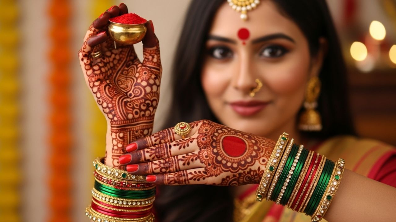 શણગારને લગતો સામાન: નવરાત્રિ દરમિયાન દુર્ગા માતાને 16 શણગાર અર્પણ કરવા ખૂબ જ શુભ માનવામાં આવે છે. આમાં લાલ સ્કાર્ફ, સિંદૂર, બિંદી, બંગડીઓ, મહેંદી વગેરેનો સમાવેશ થાય છે. માં દુર્ગાને "સદા સુહાગન" માનવામાં આવે છે અને તેમને શણગારની વસ્તુઓ અર્પણ કરવામાં આવે તો તેઓ ખૂબ જ પ્રસન્ન થાય છે. આવું કરવાથી તે ખાસ કરીને સ્ત્રીઓને અખંડ સૌભાગ્ય અને સમૃદ્ધિના આશીર્વાદ આપે છે.