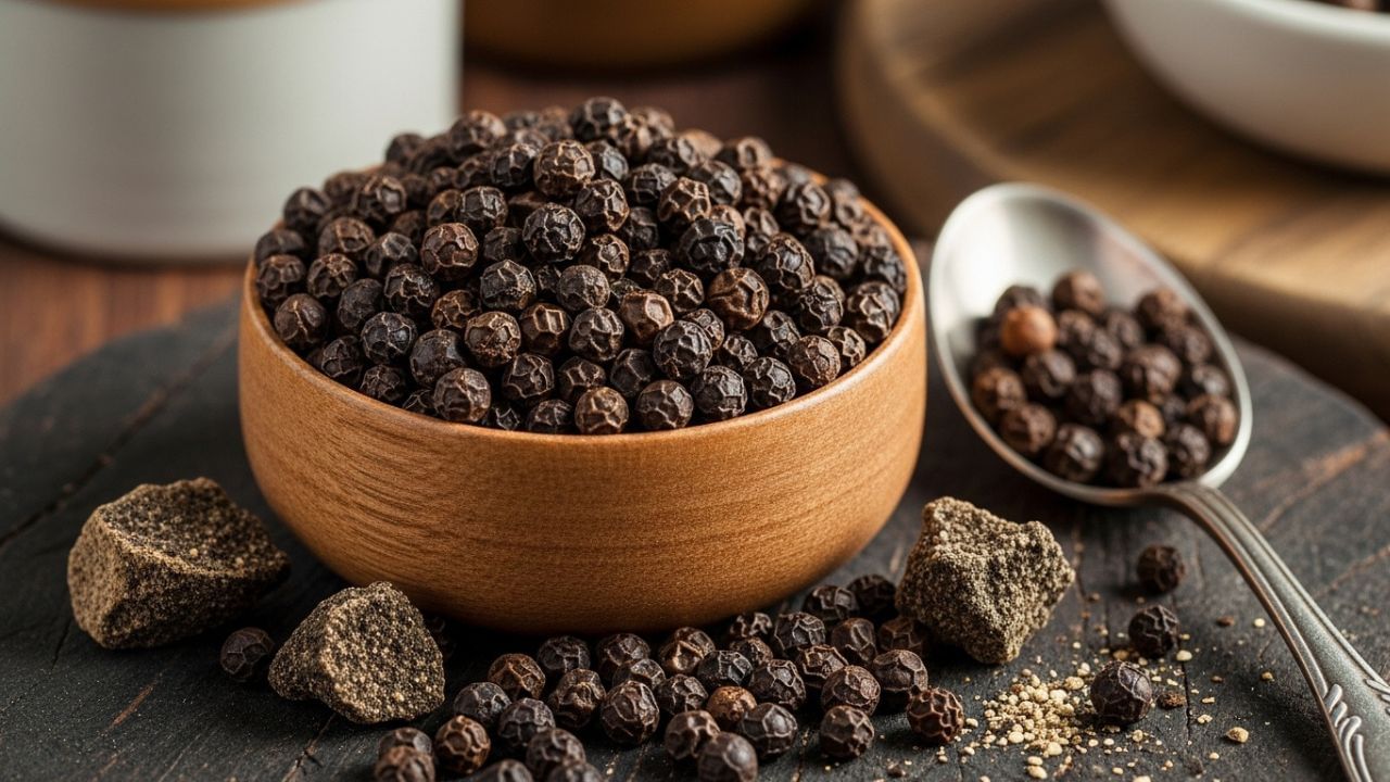 જો તમને બ્લડ પ્રેશરની સમસ્યા હોય, તો રોજિંદા આહારમાં બે કાળા મરીનો સમાવેશ કરવાથી લાભ મળી શકે છે. કાળા મરીમાં રહેલા એન્ટિ-ઑક્સીડન્ટ્સ અને પાઈપરિન તત્વ રક્તપ્રવાહને સુધારવામાં મદદરૂપ થાય છે અને હૃદયને સ્વસ્થ રાખે છે. તે શરીરમાં સોડિયમ અને કોલેસ્ટ્રોલના સ્તરને સંતુલિત રાખવામાં સહાય કરે છે, જે બ્લડ પ્રેશર નિયંત્રણ માટે મહત્વપૂર્ણ છે. ( Credits: AI Generated )