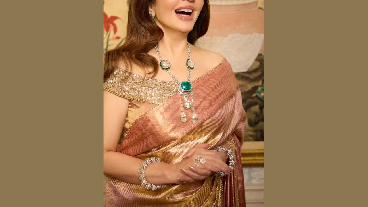 તેણે સાડીને મનીષ મલ્હોત્રા દ્વારા ડિઝાઇન કરાયેલા ઓફ-શોલ્ડર કોર્સેટ બ્લાઉઝ સાથે પહેરી હતી, જે વાસ્તવિક ઝરી અને એન્ટિક ભરતકામથી અનોખી રીતે બનાવવામાં આવી હતી. સાડીમાં મેટાલિક સિક્વિન બોર્ડર ઉમેરવામાં આવી હતી, અને પલ્લુને કટવર્ક ઝરીથી શણગારવામાં આવ્યું હતું, જે તેને વધુ આકર્ષક બનાવતું હતું. ઝરદોઝી બોર્ડર સાડીના આકર્ષણમાં વધારો કરે છે.
