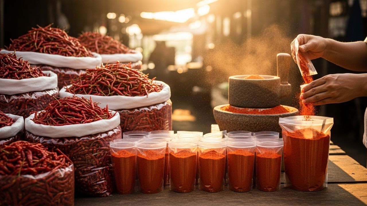 મરચાંનો પાવડર બનાવવા માટે કેટલીક આવશ્યક મશીનરીની જરૂર પડે છે. પહેલા મરચાંને પાવડરમાં રૂપાંતરિત કરવા માટે ગ્રાઇન્ડીંગ મશીનની જરૂર પડે છે. હવે પાવડરને સરસ રીતે પેક કરવા માટે પેકિંગ મશીનનો ઉપયોગ કરવામાં આવે છે. યોગ્ય માત્રામાં પેકેટ તૈયાર કરવા માટે વજન મશીનનો ઉપયોગ કરવામાં આવે છે. આ બધા મશીનો ઇન્ડિયા માર્ટની સત્તાવાર વેબસાઇટ અથવા અન્ય કોઈપણ ઓનલાઈન પ્લેટફોર્મ પરથી ખરીદી શકાય છે.