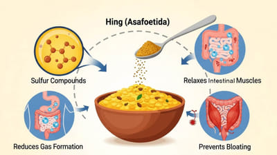 દાળમાં હીંગ નાખવાનું કારણ માત્ર સ્વાદ વધારવા માટે નથી, તેના પાછળ વૈજ્ઞાનિક કારણ પણ જોડાયેલું છે. હીંગમાં રહેલા સલ્ફર તત્ત્વો પેટમાં ગેસ બનવાની પ્રક્રિયા ઘટાડે છે અને આંતરડાની માસપેશીઓને આરામ આપે છે. જેના કારણે પેટ ફૂલવું જેવી સમસ્યાઓ ઓછી થાય છે.