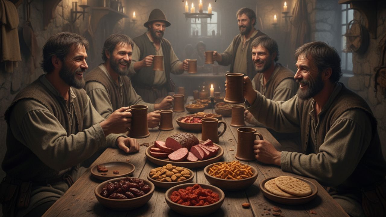 મુઘલ દરબારમાં, વાઇનની સાથે ખજૂર, જરદાળુ, અંજીર, બદામ, પિસ્તા, શેકેલું માંસ અને કબાબ સહિત વિવિધ પ્રકારની સ્વાદિષ્ટ વાનગીઓનો સમાવેશ થતો હતો.