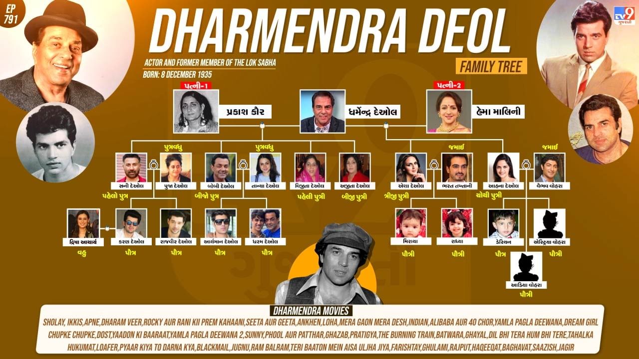 પીઢ અભિનેતા ધર્મેન્દ્રના પરિવાર વિશે ચર્ચાઓ થઈ રહી છે. જાણો તેમના પરિવારના સભ્યો કોણ છે.