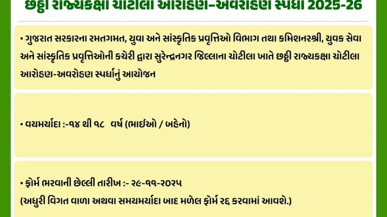 અખિલ ગુજરાત ગીરનાર આરોહણ - અવરોહણ સ્પર્ધા 2026નું આયોજન ગુજરાત રાજ્યના રમત-ગમત, યુવા અને સાંસ્કૃતિક પ્રવૃત્તિઓ વિભાગ, ગાંધીનગર અને જુનાગઢ જિલ્લા વહીવટી તંત્રના ઉપક્રમે આવનારા જાન્યુઆરી 2026ના પ્રથમ અઠવાડિયામાં, જુનાગઢ મુકામે થશે. (Photo : youth Activities Gujarat)