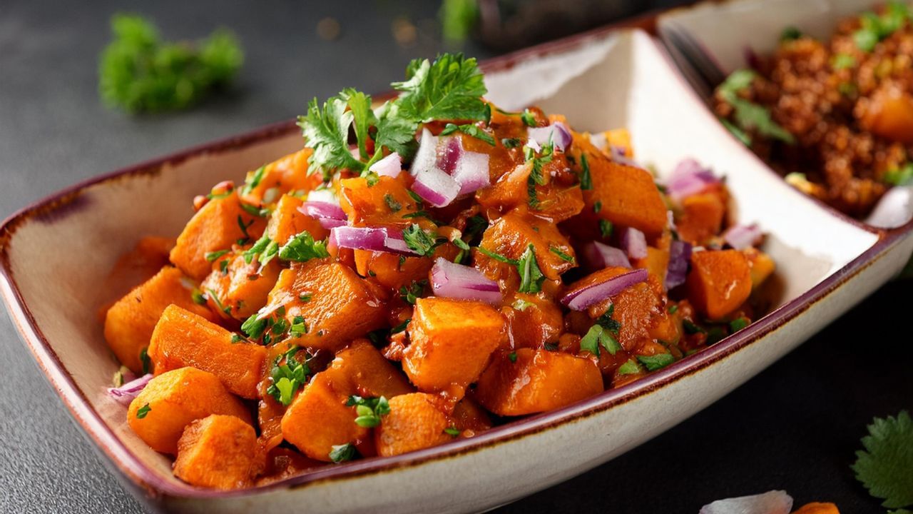 શક્કરિયા શેકાઈ જાય કે બફાઈ જાય પછી, તેને એક મોટી પ્લેટમાં મૂકો અને તેની છાલ કાઢો. શક્કરિયા અંદરથી હોય છે તેથી કાળજીપૂર્વક છાલ કાઢી લો. પછી, છોલેલા શક્કરિયાને જાડા ટુકડામાં કાપીને એક બાઉલમાં મૂકો.