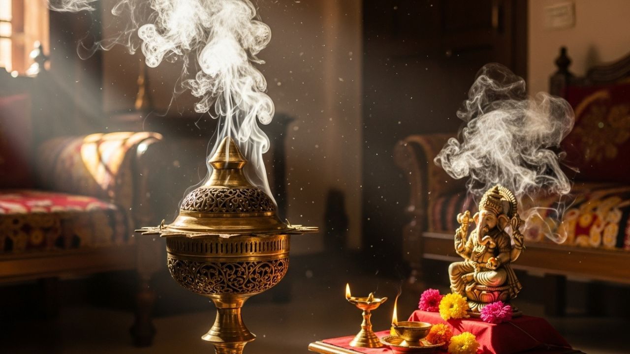 સવારે અને સાંજે પ્રાર્થના પછી કપૂર તથા લવિંગથી આરતી કરવાથી ઘરનું વાતાવરણ પવિત્ર બને છે. એવું માનવામાં આવે છે કે આ ઉપાયથી પરિવારમાં સુખ-શાંતિ, સમૃદ્ધિ અને સારું આરોગ્ય જળવાઈ રહે છે. ( Credits: AI Generated )