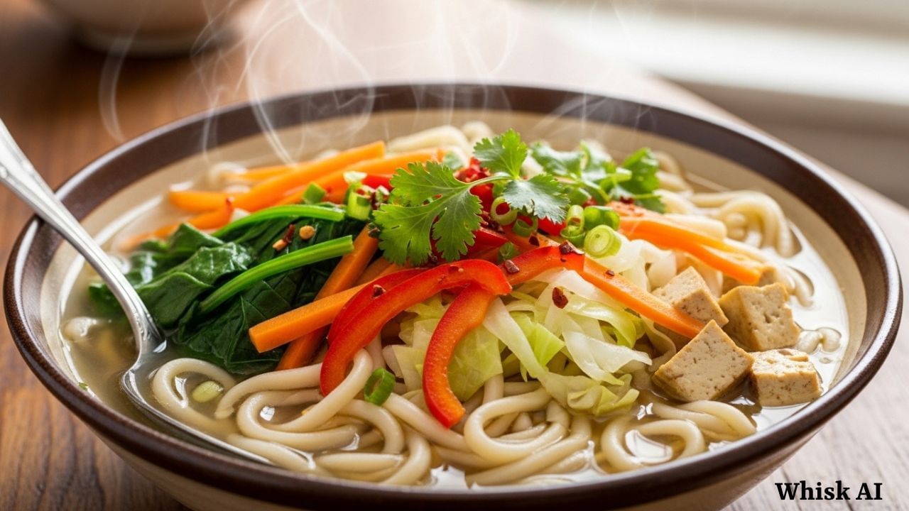 હવે સમારેલા કોથમીરના પાન ઉમેરો, સારી રીતે મિક્સ કરો અને ફરીથી 5 મિનિટ સુધી ઉકાળો. છેલ્લે ઉકાળેલા કરેલા નૂડલ્સ  ઉમેરી બરાબર મિક્સ કરો. 