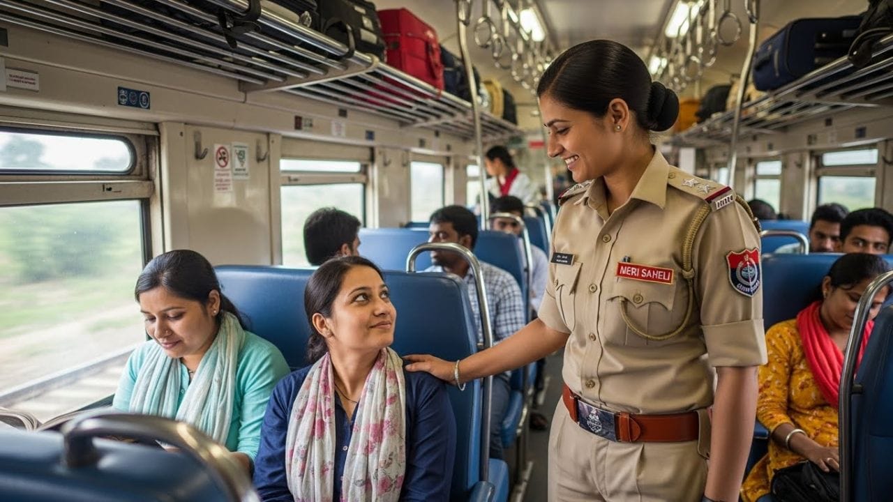 ટ્રેનમાં મુસાફરી કરતી મહિલાઓએ ચિંતા કરવાની જરૂર નથી. “મેરી સહેલી” યોજના એકલી મુસાફરી કરતી મહિલાઓને ઓળખીને તેમને વિશેષ સુરક્ષા સહાય પૂરી પાડે છે. મુસાફરી દરમિયાન તેમની સલામતી સુનિશ્ચિત રહે તે માટે ટીમ સતત નજર રાખે છે. તેમનો સંપર્ક કરીને મદદ મેળવી શકો છો. ( Credits: AI Generated )