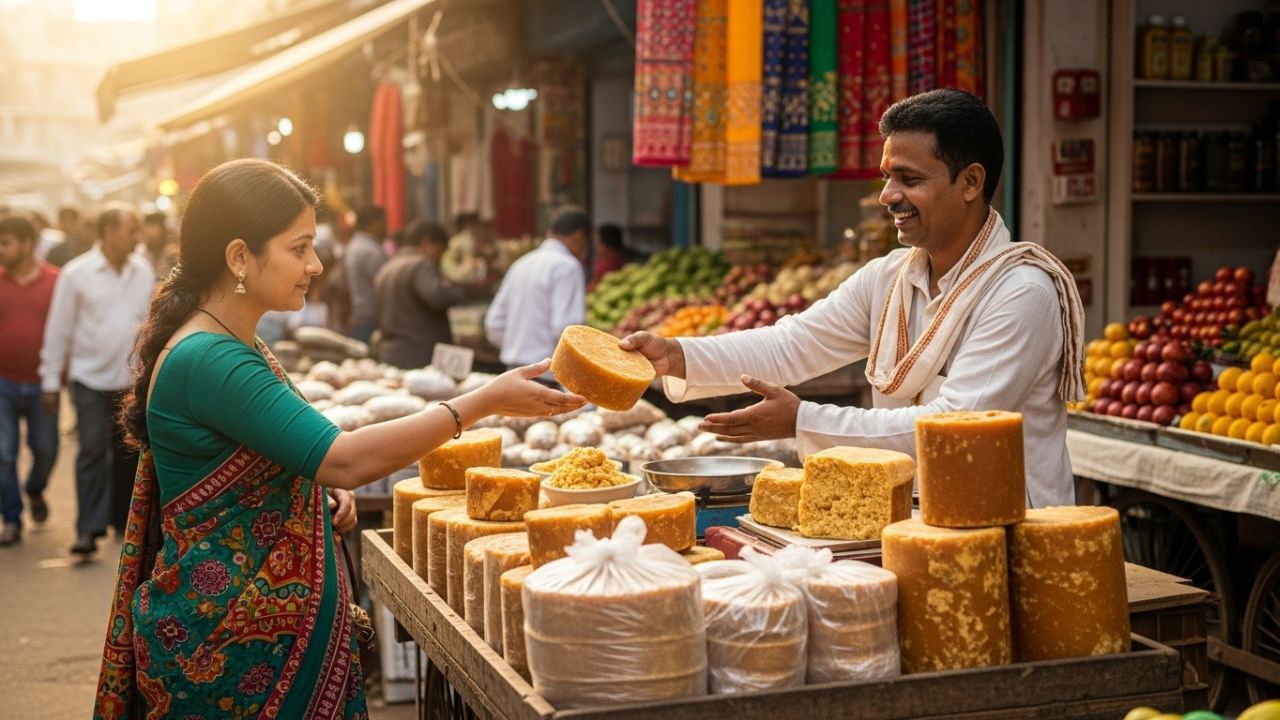 જ્યારે શિયાળો શરૂ થાય છે, ત્યારે ચા, લાડુથી લઈને વિવિધ વાનગીઓમાં ગોળનો ઉપયોગ વધે છે, કારણ કે તે શરીરને ગરમ રાખે છે અને રોગપ્રતિકારક શક્તિમાં વધારો કરે છે. પરંતુ વધતી માંગને કારણે આજકાલ બજારમાં ખાંડ, કૃત્રિમ રંગો અને રસાયણોથી બનેલો ભેળસેળયુક્ત ગોળ પણ મળી રહ્યો છે. તેથી, ગોળ ખરીદતી વખતે તેની ખરાઈ અને ગુણવત્તા ઓળખવી અત્યંત જરૂરી બની ગઈ છે. ( Credits: AI Generated )