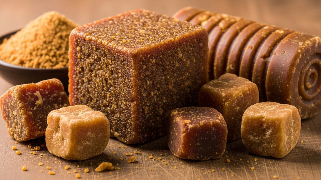 ગોળ શરીરમાં હિમોગ્લોબિનનું સ્તર વધારવામાં મદદરૂપ બને છે અને લોહીને શુદ્ધ કરીને ડિટૉક્સિફિકેશનની પ્રક્રિયા સુધારે છે. તે શરદી-ખાંસી જેવી તકલીફો સામે રક્ષણ આપે છે અને કુદરતી ઉર્જા બૂસ્ટર તરીકે કાર્ય કરે છે. દરરોજ શુદ્ધ ગોળનો નાનો ટુકડો ખાવાથી શરીરમાં ગરમી, તાકાત અને રોગપ્રતિકારક શક્તિમાં વધારો થાય છે. ( Credits: AI Generated )