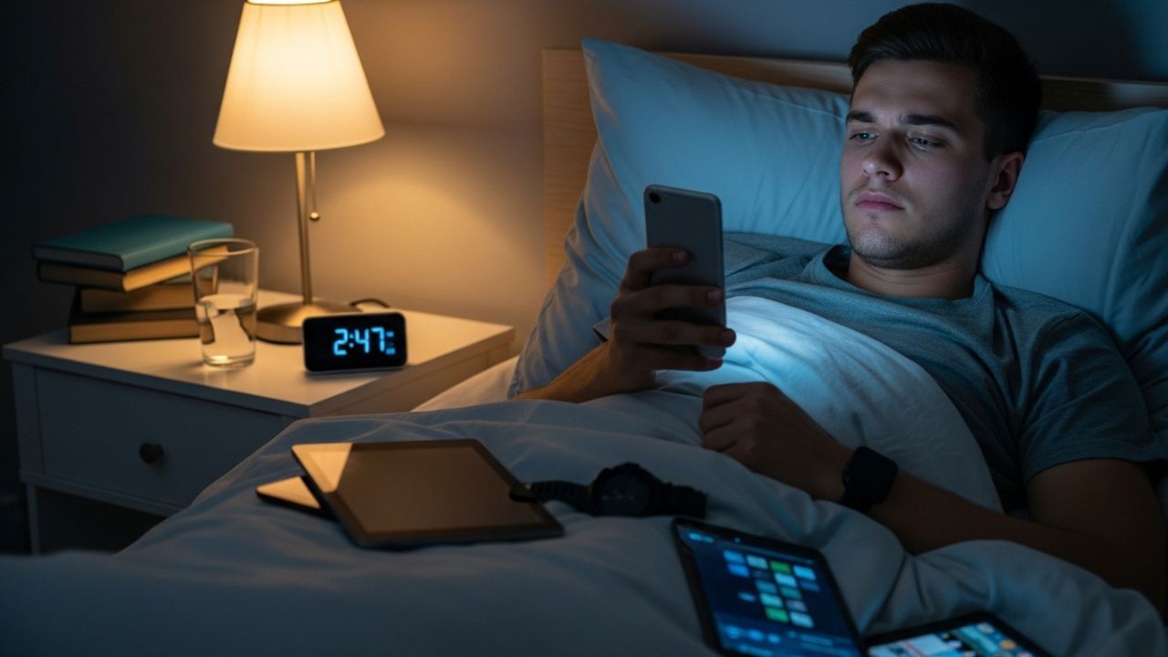 આજના ડિજિટલ સમયમાં સૂતા પહેલા મોબાઇલ ફોન અથવા અન્ય ઇલેક્ટ્રોનિક ઉપકરણોનો વધુ ઉપયોગ કરવો સામાન્ય બની ગયો છે, પરંતુ આવું કરવાથી ઊંઘનું સ્વાભાવિક ચક્ર ખલેલ પામે છે. સ્ક્રીનમાંથી નીકળતું પ્રકાશ મગજને સતર્ક રાખે છે, જેના કારણે ઊંઘ આવવામાં વિલંબ થાય છે અને અનિદ્રાની સમસ્યા ઉભી થઈ શકે છે.  ( નોંધ: અહીં આપવામાં આવેલી માહિતી પબ્લિક ડોમેન પરથી લેવામાં આવી છે, જે ફક્ત તમારી જાણકારી માટે છે.) ( Credits: AI Generated )
