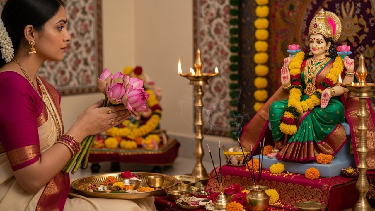 લક્ષ્મી પૂજા કરતી વખતે માતાને કમળનું ફૂલ અર્પણ કરવું ખૂબ જ શુભ માનવામાં આવે છે, કારણ કે તે ધન, સમૃદ્ધિ અને સુખના માર્ગ ખોલે છે. દેવી લક્ષ્મીની કૃપા મેળવવા માટે ઘરના મુખ્ય દરવાજા પર દીવો પ્રગટાવવો અને સ્વસ્તિકનું ચિહ્ન દોરવું પણ શુભ માનવામાં આવે છે. આ ઉપાયોથી ઘરમાં સકારાત્મક ઉર્જા પ્રવેશે છે અને આર્થિક પ્રગતિના માર્ગ ખૂલે છે. ( નોંધ :ટીવી9 કોઈ પણ પ્રકારે અંધશ્રદ્ધાને પ્રોત્સાહન આપતુ નથી. આ અહેવાલ માત્ર ધાર્મિક માન્યતા અને લોકોમાં પ્રચલિત માન્યતા, રીત રિવાજને આધારે રજૂ કરવામાં આવેલ છે. ) ( Credits: AI Generated )