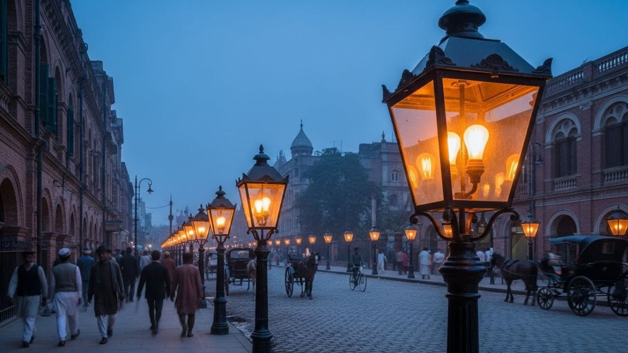 ભારતમાં સૌપ્રથમ વીજળીનો અનુભવ કોલકાતા શહેરે કર્યો હતો. 1880ના દાયકામાં અહીં ગેસથી ચાલતા સ્ટ્રીટ લેમ્પોમાં ઇલેક્ટ્રિક બલ્બો સ્થાપિત કરવામાં આવ્યા, જે બાદમાં વીજળી દ્વારા પ્રકાશિત થવા લાગ્યા. આ રીતે કોલકાતા એ એવું પહેલું શહેર બન્યું જ્યાં સ્ટ્રીટલાઇટ માટે ગેસ લેમ્પ અને વીજળી બંને વ્યવસ્થાનો ઉપયોગ કરવામાં આવ્યો. ( Credits: AI Generated )