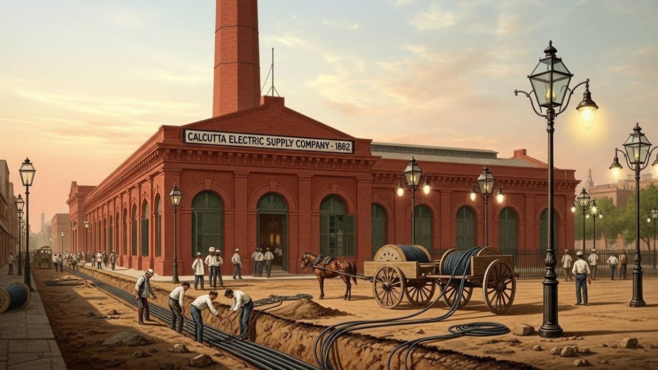 ભારતમાં સૌપ્રથમ વીજ ઉત્પાદન કેન્દ્ર 1882માં કોલકાતામાં સ્થાપવામાં આવ્યું હતું. તેમાં વીજ વાયરો જમીનની નીચે બિછાવવામાં આવ્યા હતા, જે તે સમય માટે અત્યંત આધુનિક વ્યવસ્થા ગણાતી હતી. આ પાવર સ્ટેશન કલકત્તા ઇલેક્ટ્રિક સપ્લાય કંપની દ્વારા વિકસાવવામાં આવ્યું હતું અને તે ડાયરેક્ટ કરંટ આધારિત હતું. તેની ક્ષમતા લગભગ 1300 વીજ બલ્બોને પ્રકાશિત કરવા સક્ષમ હતું. ( Credits: AI Generated )