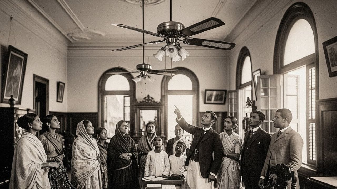 ભારતમાં પ્રથમ વખત ઇલેક્ટ્રિક પંખાઓનો ઉપયોગ કોલકાતાના ઘરો અને કાર્યાલયોમાં શરૂ થયો હતો. શરૂઆતમાં લોકો તેમને આશ્ચર્ય અને કૌતૂહલથી જોતા હતા. ઘણા લોકો પંખાની નીચે બેસવામાં સંકોચ અનુભવતા, કારણ કે તેમને લાગતું હતું કે પંખો પડીને ઇજા પહોંચાડી શકે છે. પરંતુ સમય જતાં લોકો તેમાં વિશ્વાસ રાખવા લાગ્યા અને ઉનાળાની તીવ્ર ગરમીમાં આરામ માટે તેની ઉપયોગિતા સમજાઈ જતા, પંખાઓને સ્વીકારવા લાગ્યા. ( નોંધ: અહીં આપવામાં આવેલી માહિતી પબ્લિક ડોમેન પરથી લેવામાં આવી છે, જે ફક્ત તમારી જાણકારી માટે છે.) ( Credits: AI Generated )