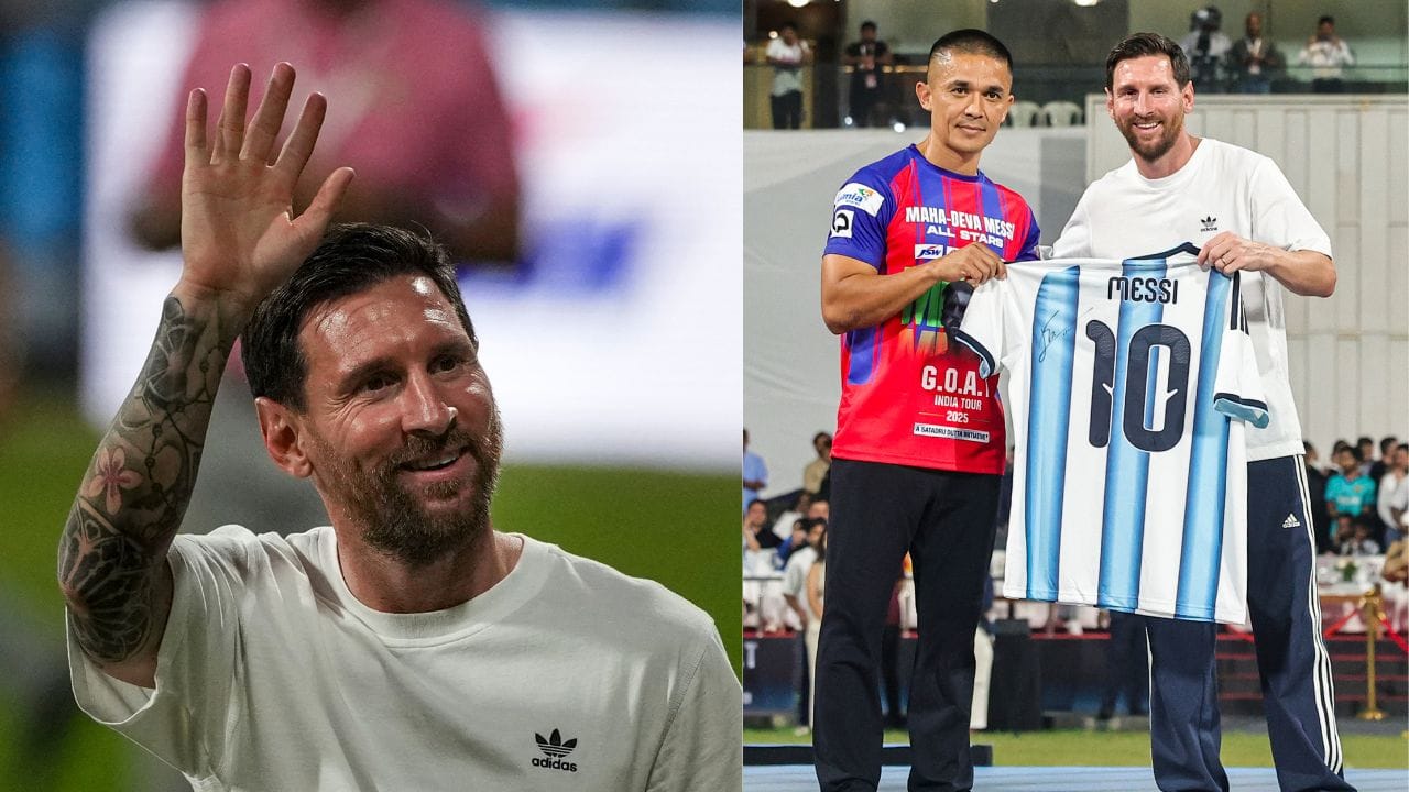 મુંબઈના વાનખેડે સ્ટેડિયમમાં એક વધુ ખાસ નજારો જોવા મળ્યો હતો. ભારતના સ્ટાર ફુટબોલ ખેલાડી સુનીલ છેત્રી પણ લિયોનલ મેસ્સીને મળવા પહોંચ્યો હતો. આ દરમિયાન બંન્ને દિગ્ગજોએ એકબીજાને ગળે લગાવ્યા હતા અને વાતચીત પણ કરી હતી. આ મુલાકાતે દરેક લોકોનું ધ્યાન ખેચ્યું હતુ.(PHOTO CREDIT- screenshot/sonyliv /PTI)