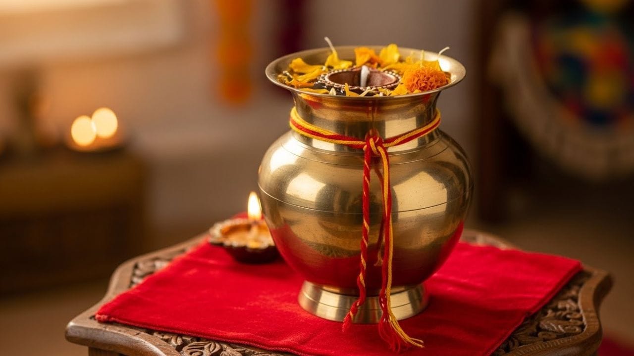 પૂજા માટે રાખવામાં આવતા કળશ અથવા પાણીથી ભરેલા પાત્રની આસપાસ પણ રક્ષા સૂત્ર બાંધવું શુભ માનવામાં આવે છે. કળશને દેવતાઓ અને પવિત્ર નદીઓનું પ્રતિક માનવામાં આવે છે, જ્યારે પાણી જીવન, ઉર્જા અને સમૃદ્ધિને દર્શાવે છે. પૂજા કરતાં સમયે કળશના મુખ પાસે આ રક્ષા સૂત્ર બાંધી દેવાથી ઘરમાં શાંતિ, પવિત્રતા અને સકારાત્મકતા ટકી રહે છે. ( Credits: AI Generated )