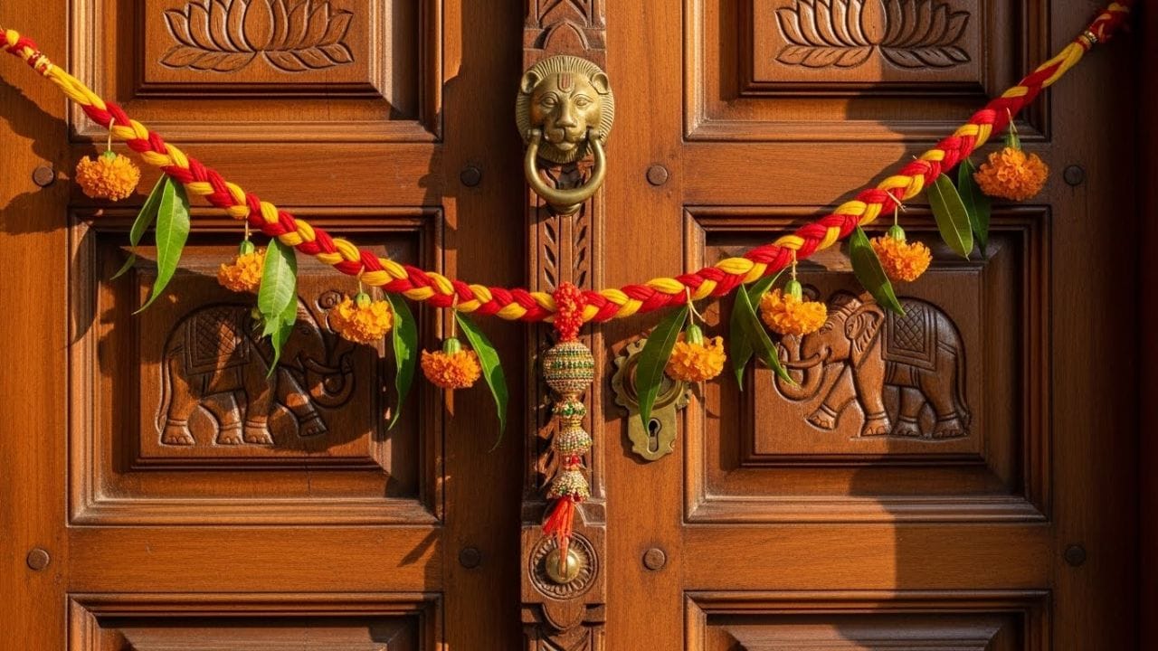 મુખ્ય દરવાજા પર એક રક્ષા સૂત્ર બાંધો. કારણ કે અહીંથી સકારાત્મક ઉર્જા પ્રવેશ કરે છે. તેથી, તેને દરવાજાની ચોકઠા પર અથવા દરવાજાની ટોચ પર બાંધો. તે એક રક્ષણાત્મક કવચ તરીકે કામ કરે છે, જે નકારાત્મક શક્તિઓને ઘરમાં પ્રવેશતા અટકાવે છે અને શુભતા આકર્ષે છે. ( Credits: AI Generated )