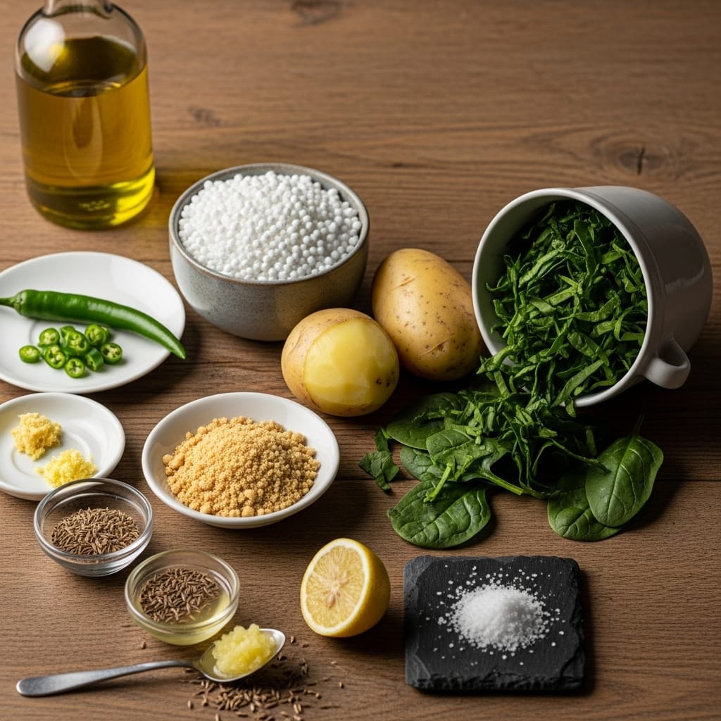 સાબુદાણા - 1 કપ (પલાળેલા), 2 બાફેલા બટાકા, 1 કપ પાલક (બારીક સમારેલા અથવા પ્યુરી કરેલા), 1 લીલું મરચું (બારીક સમારેલું), 1 ચમચી છીણેલું આદુ, 2 ચમચી બરછટ પીસેલી મગફળી, સિંધવ મીઠું - સ્વાદ મુજબ, 1/2 ચમચી જીરું, 1 ચમચી લીંબુનો રસ અને તળવા માટે તેલ. (Image credit: AI)